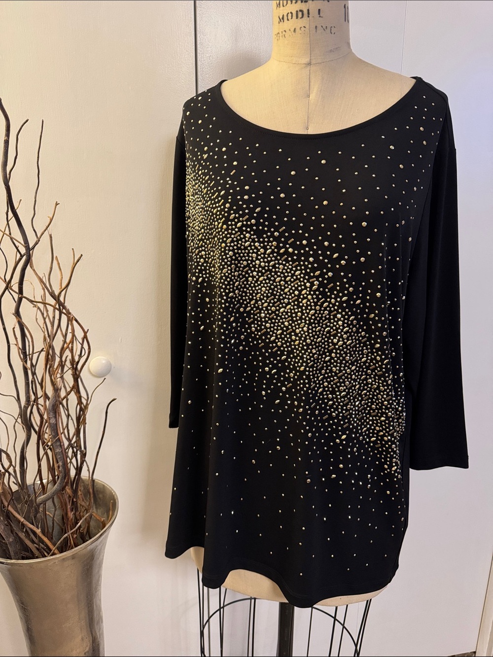 Susan Graver Black Long Sleeve Top with Gold Stud Scatter